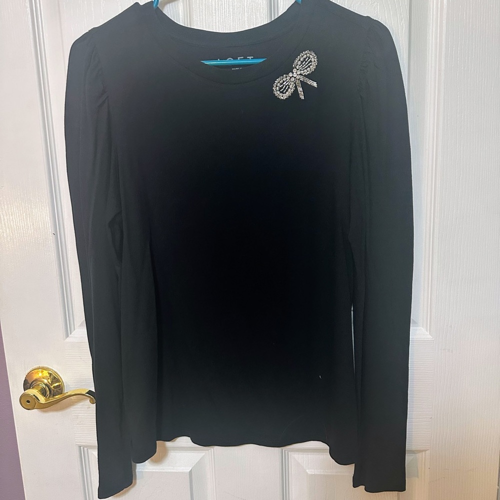Loft Black Top with Rhinestone Bow Size Medium